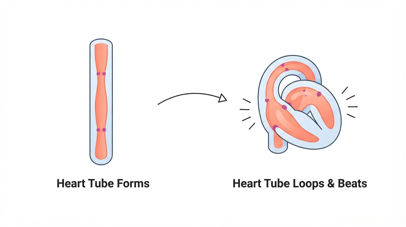 Week 6: Heart Tube Looping and First Heartbeat Diagram showing the primitive heart tube looping and beginning to beat at 6 weeks pregnant