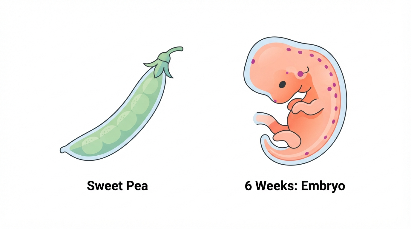 Week 6: Sweet Pea Size Comparison Diagram comparing a sweet pea to a 6 week embryo, showing the curved embryo shape with early arm buds forming