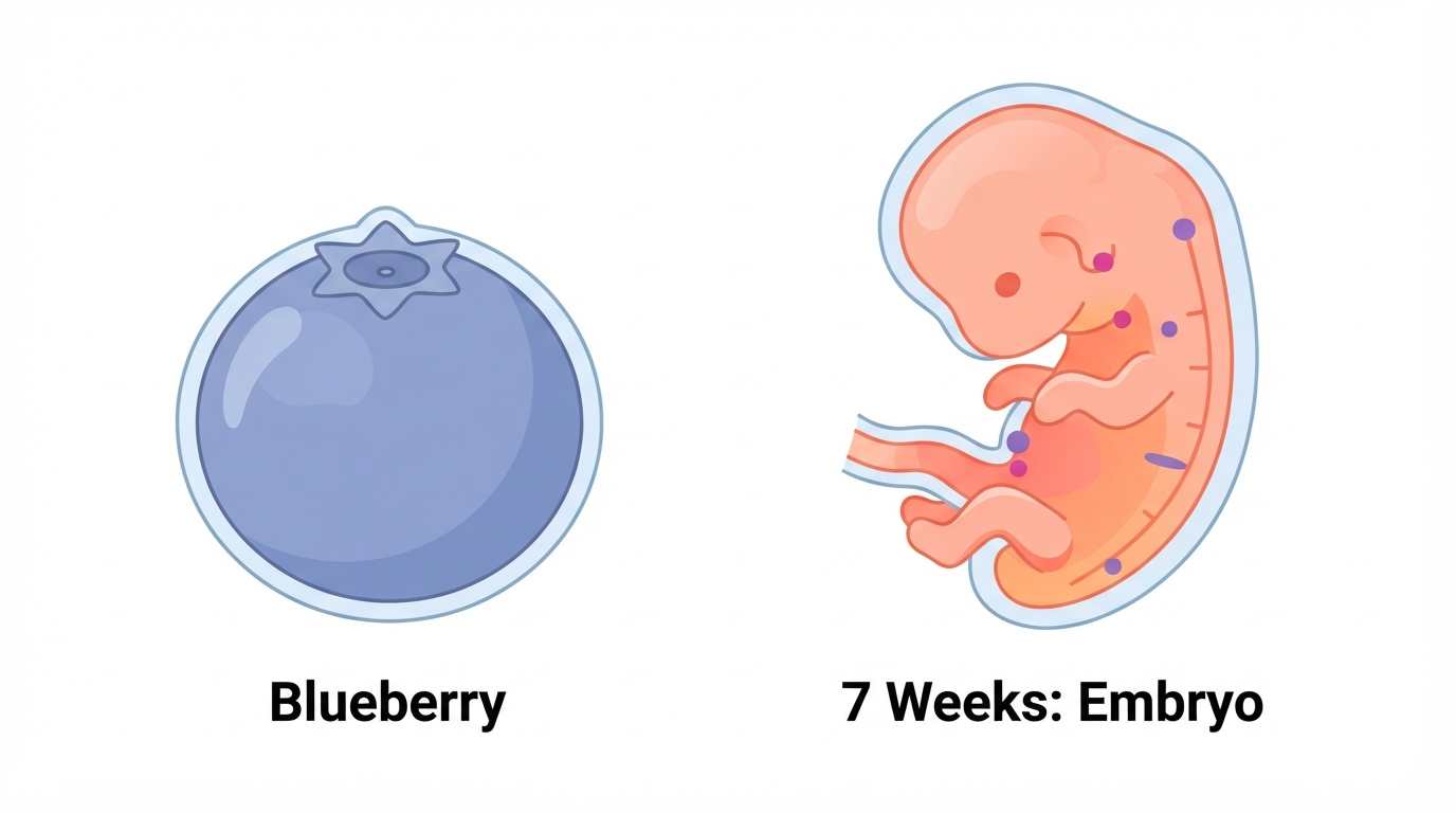 Week 7: Blueberry Size Comparison Diagram comparing a blueberry to a 7 week embryo, showing the curved embryo shape with paddle-shaped arm and leg buds
