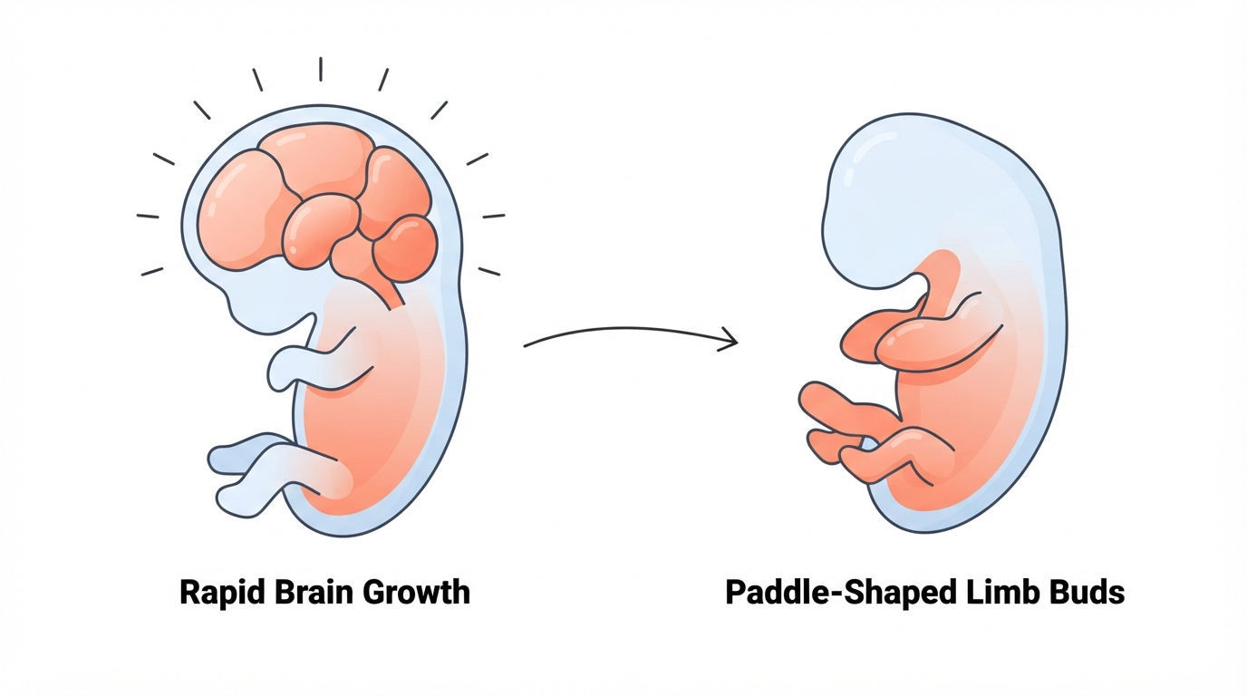 Week 7: Brain Growth and Limb-Bud Development Diagram showing rapid brain growth and paddle-shaped arm and leg bud development at 7 weeks pregnant