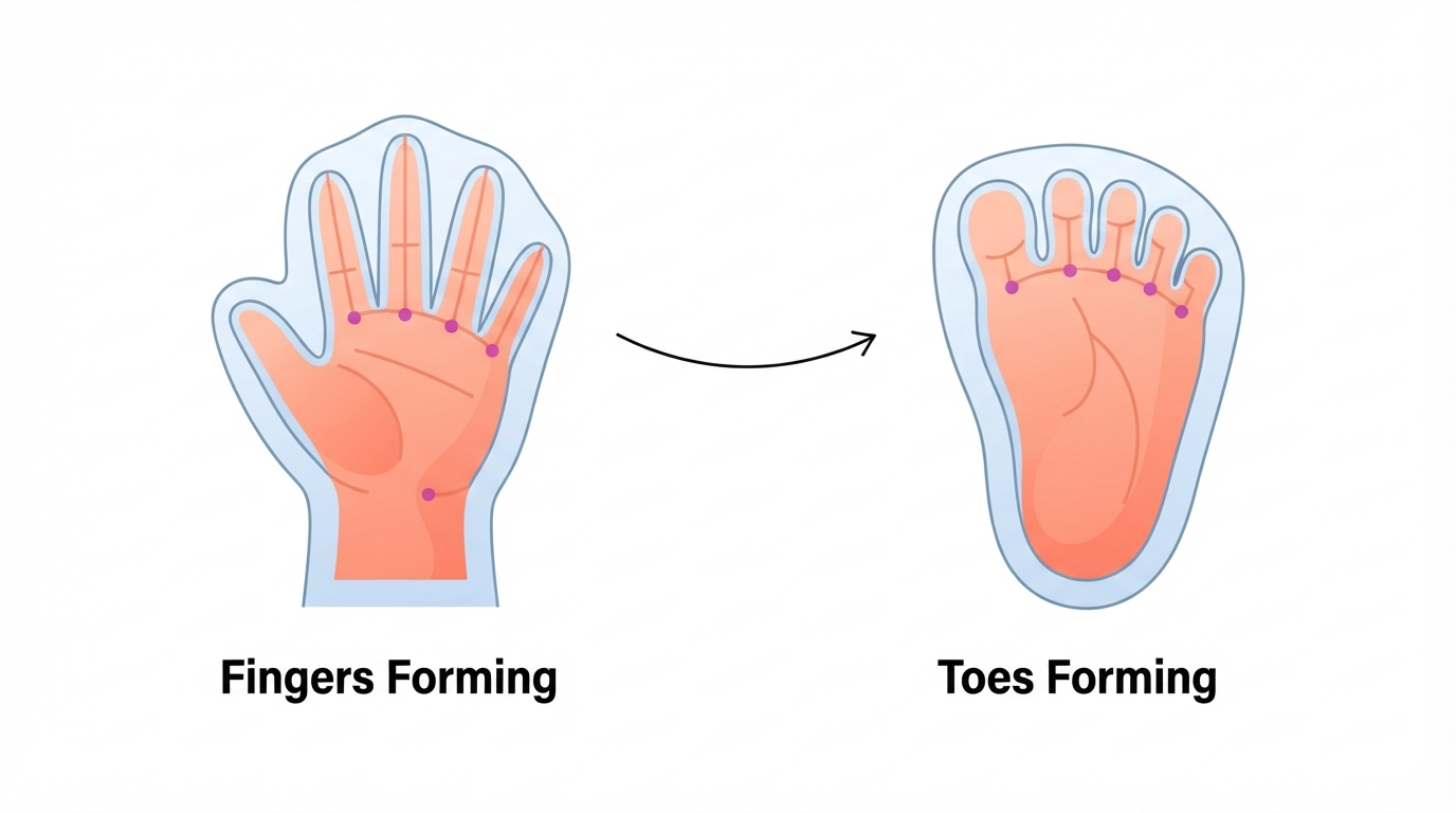 Week 8: Fingers and Toes Forming Diagram showing finger and toe ridges forming on paddle-shaped hands and feet at 8 weeks pregnant