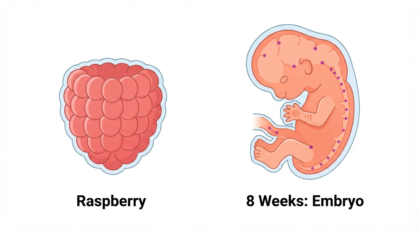 Week 8: Raspberry Size Comparison Diagram comparing a raspberry to an 8 week embryo, showing paddle-shaped hands and feet with ridges where fingers and toes are forming