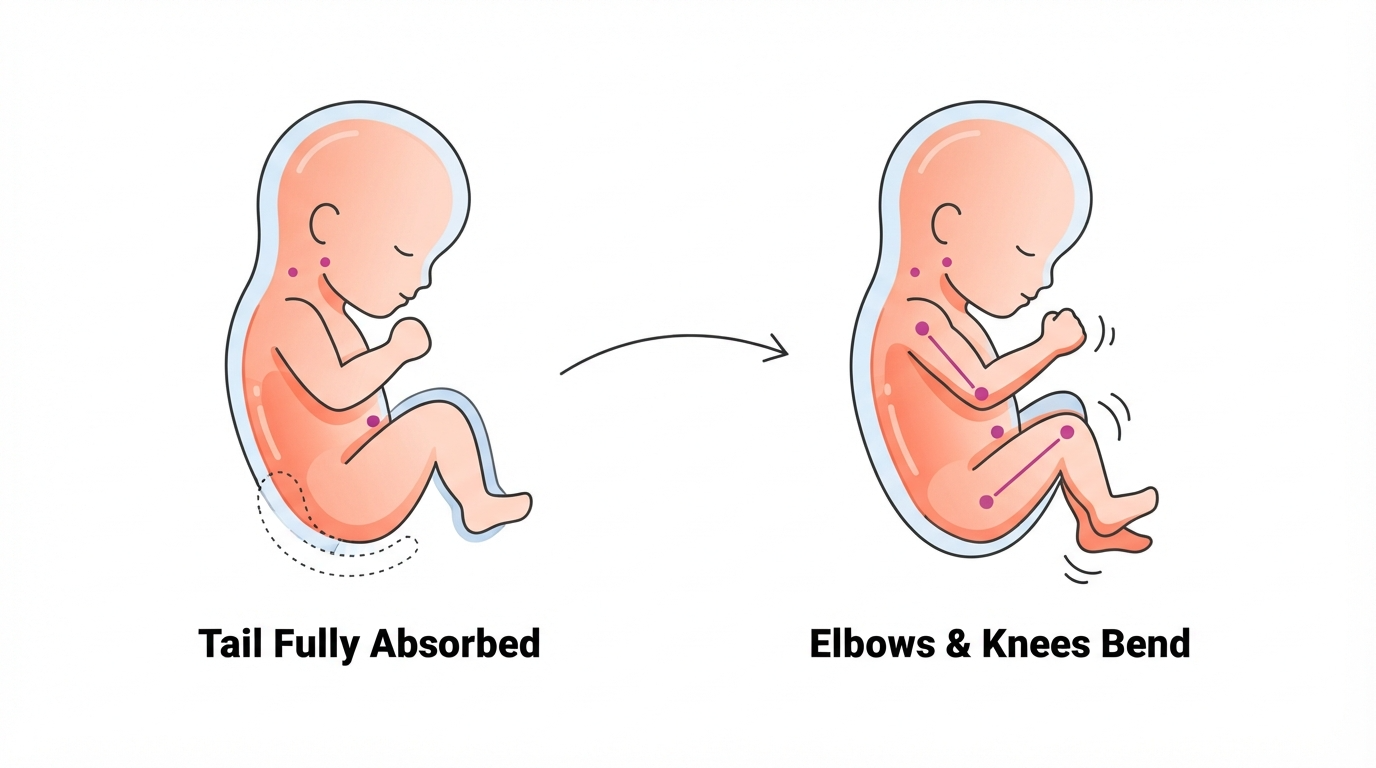 Week 9: Elbows and Knees Begin to Bend Diagram showing a 9 week fetus with bending elbows and knees and a fully absorbed embryonic tail