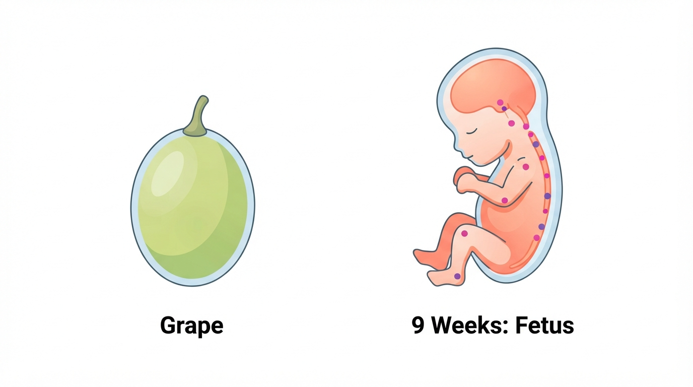 Week 9: Grape Size Comparison Diagram comparing a grape to a 9 week fetus, showing a more upright form with bending elbows and knees and a fully absorbed tail